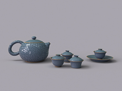 3d中式冰片釉茶壶茶杯茶具模型