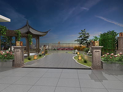 3d新中式花园阳台屋顶花园模型