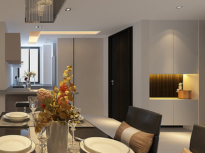 3d现代风格客厅餐厅厨房模型