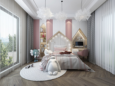 北欧风格儿童房吊灯儿童床模型