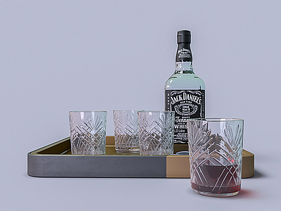 3d茶盘托盘红酒玻璃杯模型