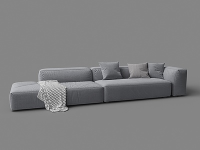 现代布艺一字型多人沙发模型