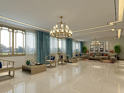 3d新中式客厅沙发吊灯模型