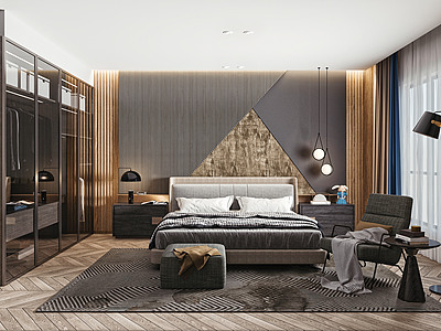 3d主卧室双人床单人沙发模型