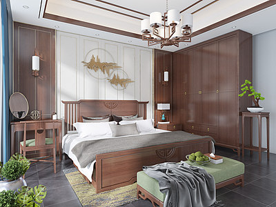 3d新中式卧室双人床衣柜模型