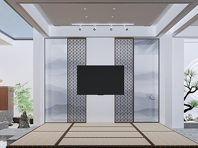 3d新中式茶室吊灯古筝模型