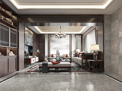 3d新中式客厅吊灯书柜模型