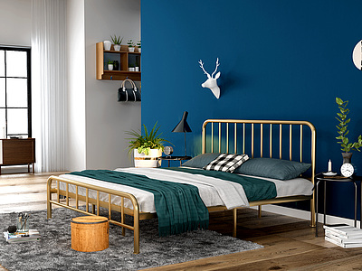 3d北欧风格卧室金色铁艺床模型