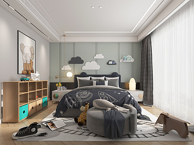 3d现代卧室男孩房模型