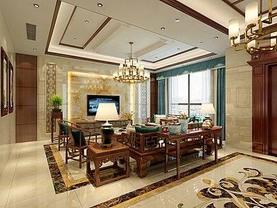 3d新中式客厅沙发吊灯模型