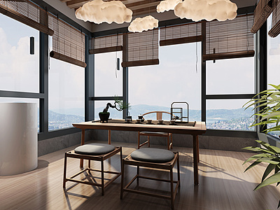 3d新中式阳台茶室模型