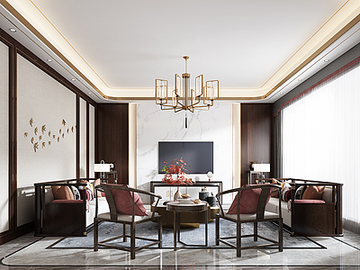 3d新中式客厅吊灯沙发组合模型