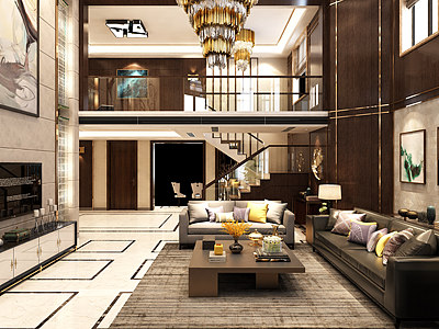 3d新中式别墅跃层客厅模型