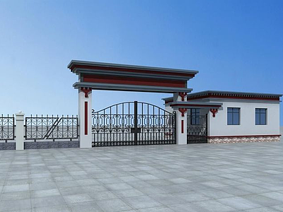 3d藏式大门及围墙模型
