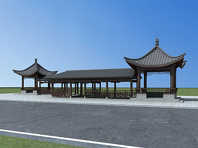 中式建筑廊亭3d模型