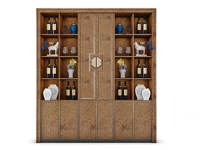 3d新中式实木酒柜模型