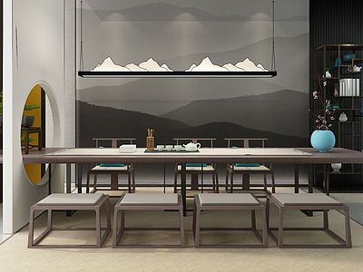 3d新中式茶室茶桌椅模型