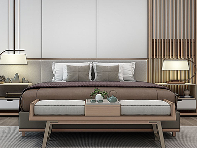 新中式床模型3d模型