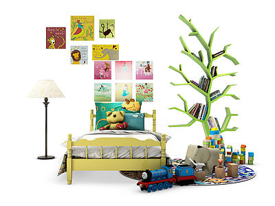 儿童房床树书架装饰画组合模型