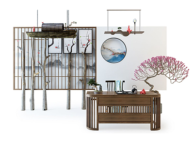 中式茶台单椅木船吊灯组合模型3d模型