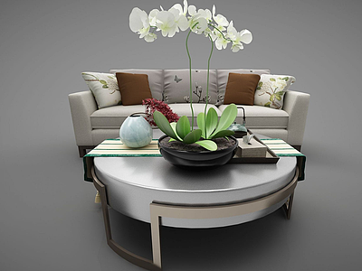 3d沙发茶几组合新中式模型