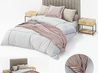3d现代布艺双人床床头柜模型