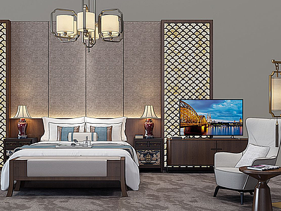 3d新中式客房床模型