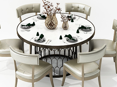 3d现代素雅圆形餐桌椅模型
