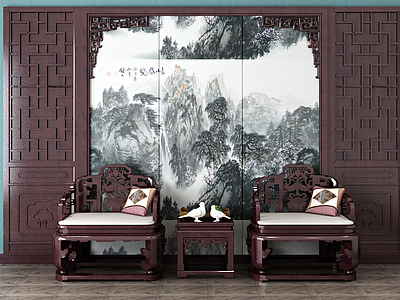 3d椅子中式及背景墙模型