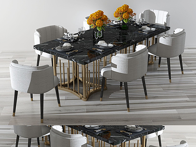3d法式简约方形餐桌休闲桌椅模型