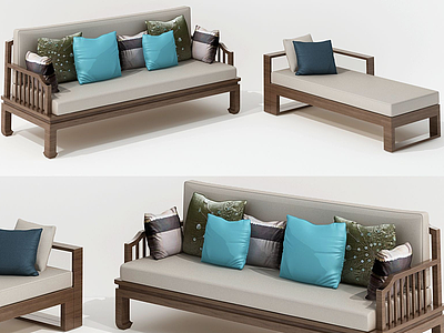 新中式实木多人沙发组合模型3d模型