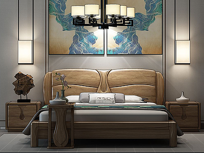 3d新中式床床头柜组合模型
