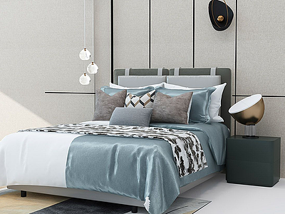 3d现代床床头柜壁灯组合模型