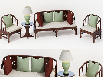 3d新中式实木沙发单人椅组合模型
