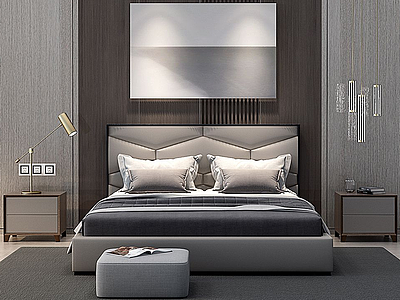 3d现代床床头柜台灯模型
