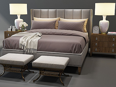 3d欧式双人床床头柜组合模型