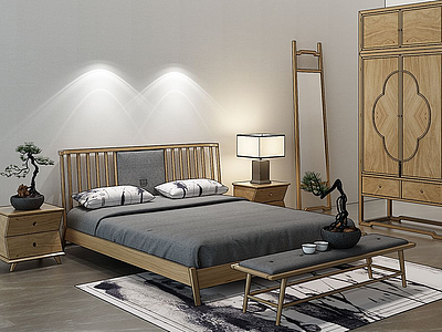 3d新中式床床头柜床尾凳模型