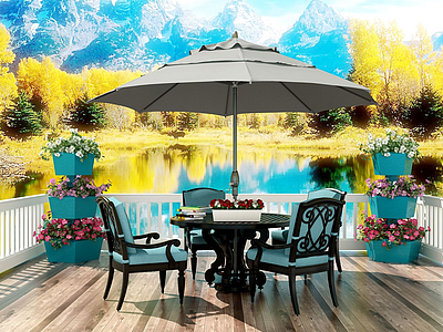 3d欧式景观阳台桌椅子遮阳伞模型