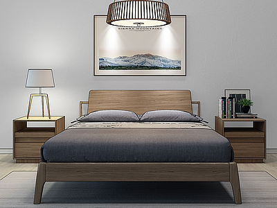 3d新中式床床头柜吊灯组合模型