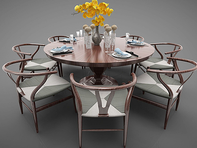 3d新中式风格的餐桌模型