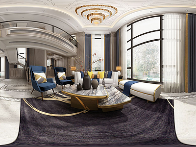 全景新中式别墅客厅模型3d模型