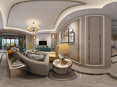 3d全景新中式轻奢客厅模型