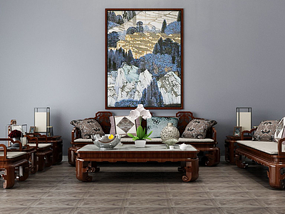 中式客厅沙发茶几组合模型3d模型