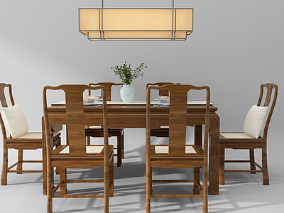 3d中式餐桌椅吊灯组合模型
