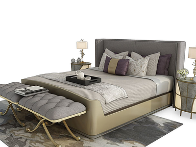 3d现代双人床床组合模型