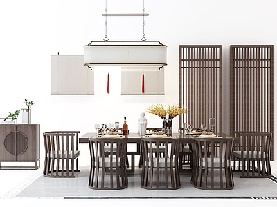 3d新中式餐桌椅屏风吊灯组合模型