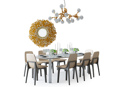 3d现代餐桌椅组合装饰镜吊灯模型