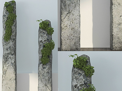 3d中式石头苔藓盆栽模型