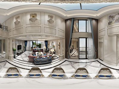欧式别墅客餐厅全景模型3d模型