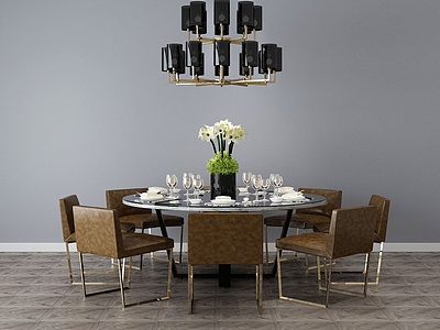 3d现代餐桌椅餐盘组合模型